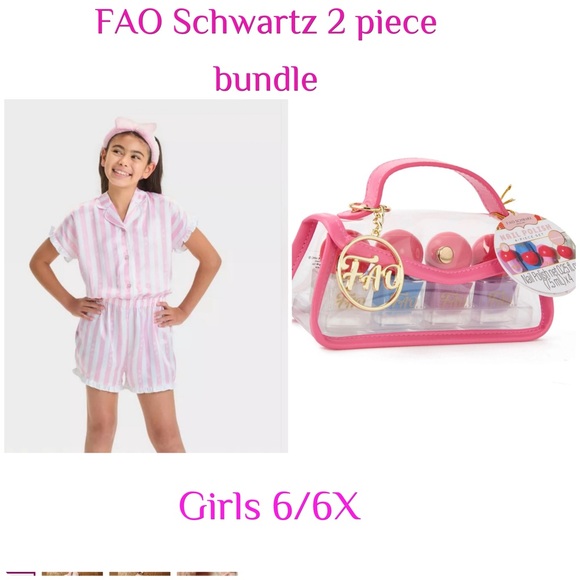 NWT FAO Schwartz Girls Pink Striped Outfit with Bag and THREE nail polishes. - Picture 1 of 6